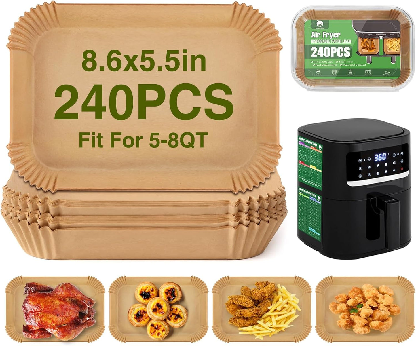 Air Fryer Liners,240 PCS Rectangular Non-stick Disposable Paper Liners, OAMCEG 2-Basket Air Fryer Parchment Baking Paper for Frying, Baking, Cooking, Roasting and Microwave