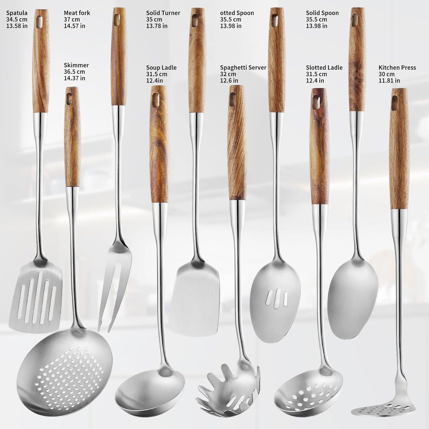 Lazycorner 304 Wooden Handle Stainlss Steel Kitchen Utensils Set 10 Pcs Cooking Utensils Set Heat Resistant Wooden Handle Kitchen Tools Metal Kitchen Utensil Spatula Sets