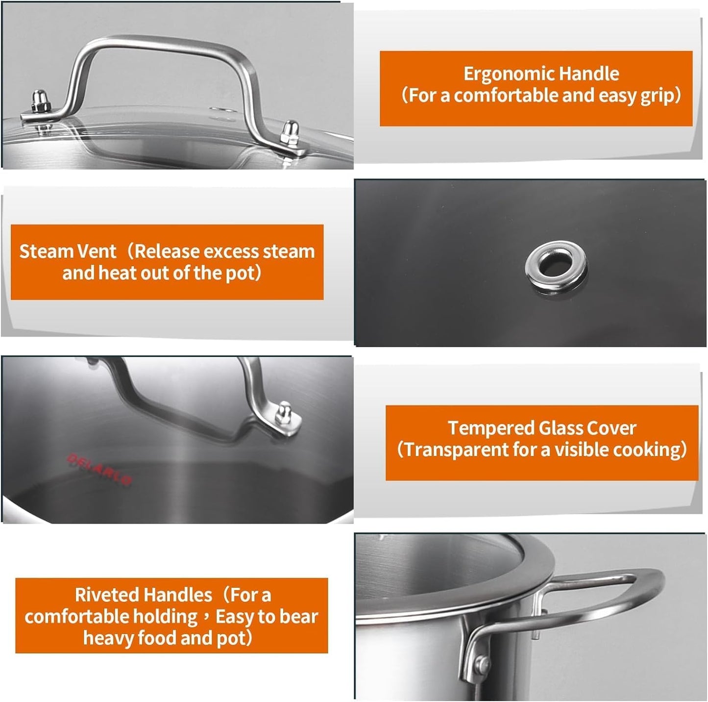 DELARLO Tri-ply Stainless Steel 20QT Stock Pot, Compatible with All Stoves Up to 600℉, 18/10 Induction Big Cooking Pot with Lid, Fast & Even Heating, Durable Large Soup Pot