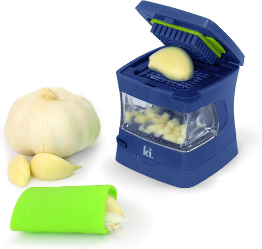 Garlic-A-Peel Garlic Press, Crusher, Cutter, Mincer, and Storage Container - Includes Silicone Garlic Peeler - Easy to Clean - Stainless Steel Blades – (Blue), standard