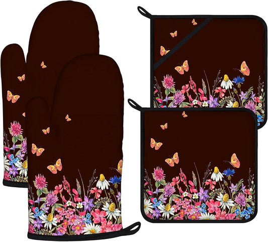 Wildflowers Oven Mitts and Pot Holders Sets 4Pcs,Extra Long Oven Gloves Potholder for Kitchen Cooking Baking BBQ 100% Cotton Heat Resistant