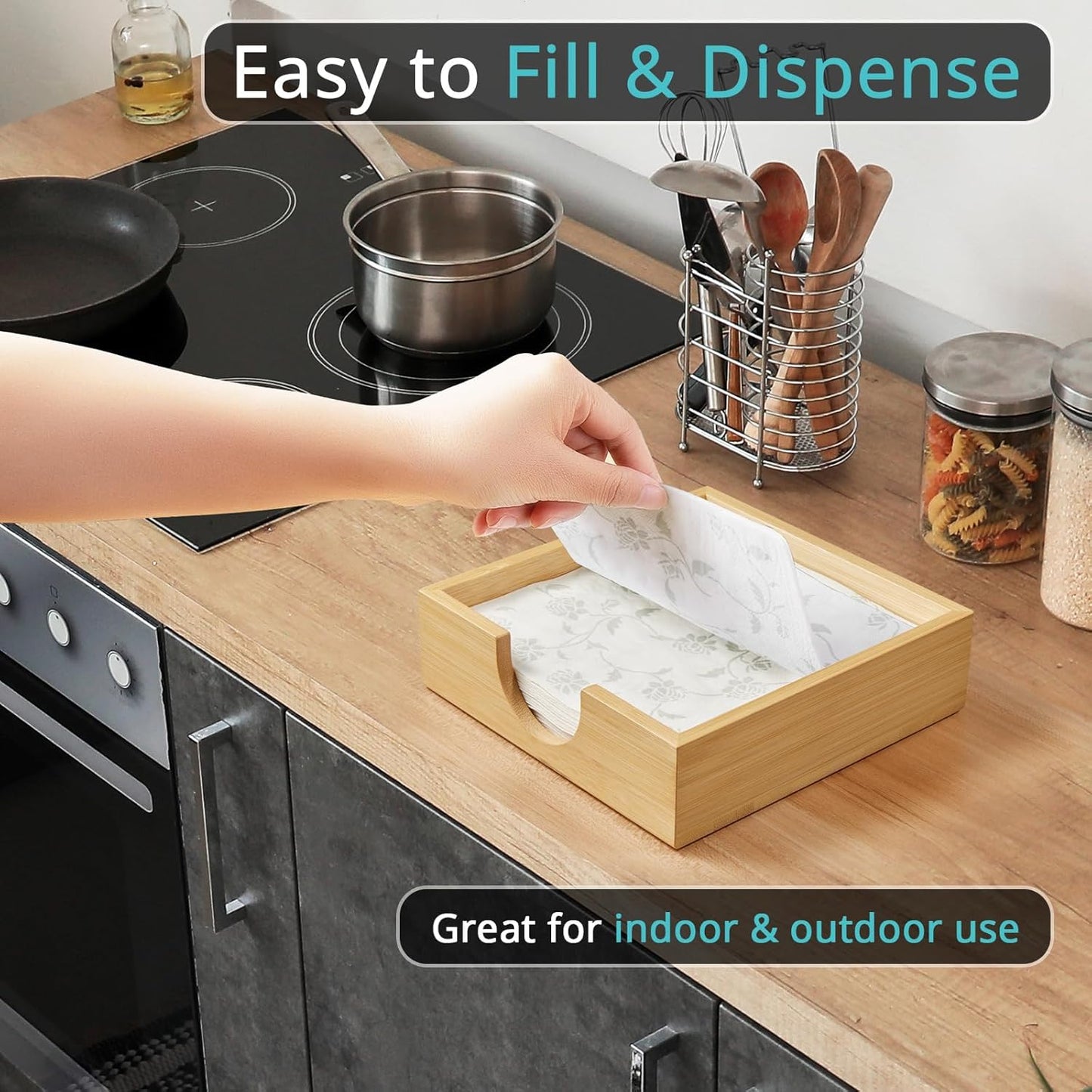 Bamboo Napkin Holder for Table, Napkins Holders For Paper Napkins, Flat Napkin Holder for Luncheon, Napkin Holders for Kitchen Dinner Table Decor, Napkin Dispenser for Indoor & Outdoor Use