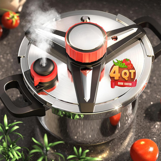 Pressure Cooker 4 QT, [Save 70% Cooking Time] Stainless Steel Pressure Canner with Triple-Layer Steel Body [One Hand Operation] Rotating Lock/Unlocking Lid System Steam Rack Included Olla De Presion