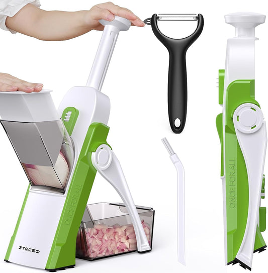 Safe Mandoline Slicer for Kitchen, Potato Slicer, Meal Prep, Adjustable/Easy to Clean/Storage, Kitchen Chopping Artifact, Paring Knife/Cleaning Brush (only Slice, Avocado Green)