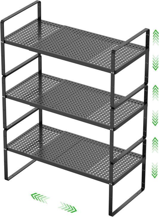 Expandable Cabinet Storage Shelf Stackable Organizer Rack for Kitchen Bathroom Pantry Spice Cupboard Coffee Countertop Home Office Desk Heavy Duty Nonslip Black Small 3 Packs