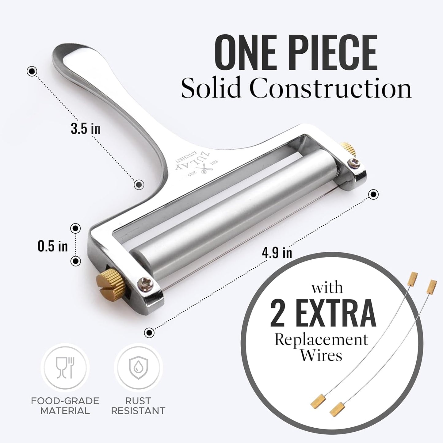 Zulay Kitchen Stainless Steel Wire Cheese Slicer - Adjustable Hand Held Cheese Cutter with 2 Extra Wires - Premium Cheese Shaver for Mozzarella, Cheddar, Gruyere - Cheese Cutter with Wire (Silver)