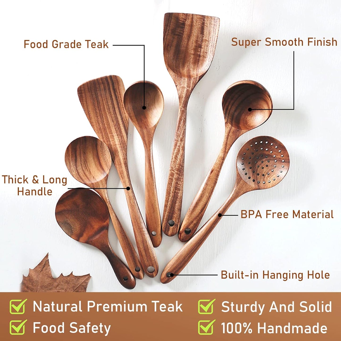 FJNATINH Wooden Spoons for Cooking, 8 Pcs Nonstick Wooden Cooking Utensils Set,Nonstick Natural and Healthy Kitchen Utensil（8 Pcs）