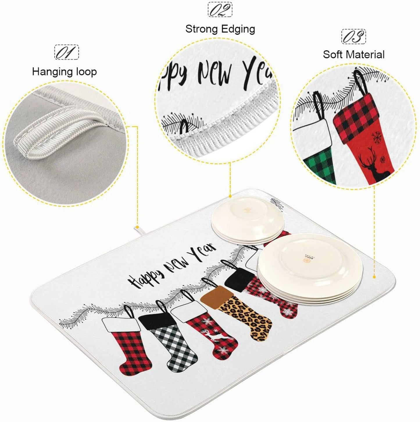 Super Absorbent Dish Drying Mat, Microfiber Fast-Drying Dish Mat, 24" x 18", Kitchen Dish Drying Pad, Christmas Stockings