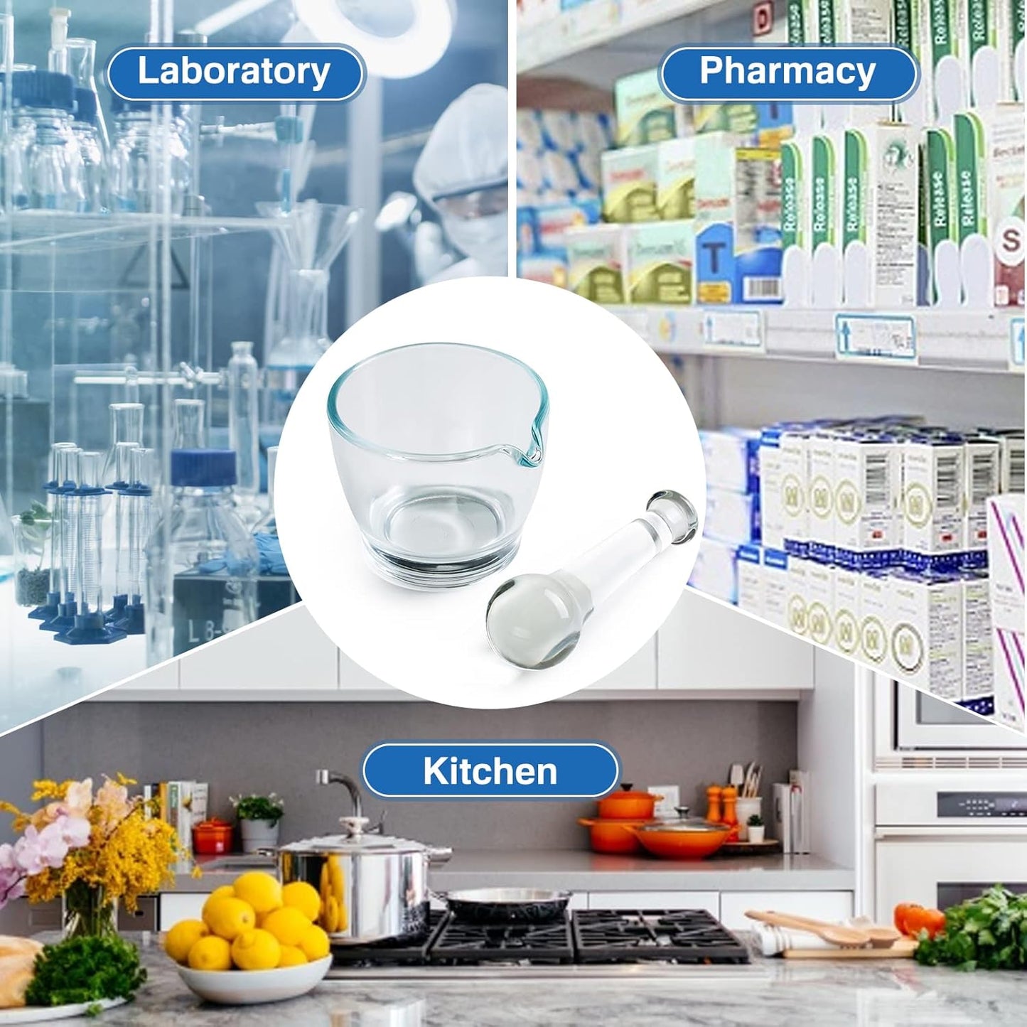 8oz Glass Mortar and Pestle Bowl, Medicine Grinder and Mixer for Pharmacy or Science Lab