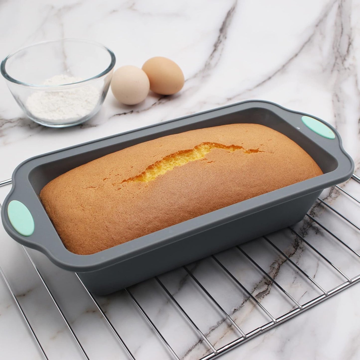To encounter 9 Inch Silicone Bread and Loaf Pan, 2 Pack Food Grade Nonstick Silicone Molds for Baking Banana Bread, Meat Loaf, Pound Cake, with Metal Reinforced Frame More Strength