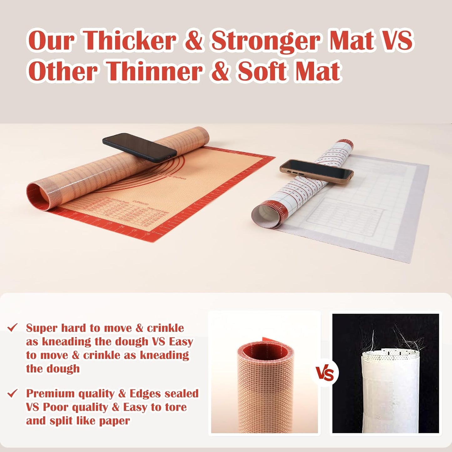 Extra Thick Silicone Pastry Mat Large for NonStick Baking Mat with Measurement，For Kneading,Fondant/Counter Pad, Dough Rolling, Silicon Cookie Sheet, Pie Crust Bake (16×20, Red)