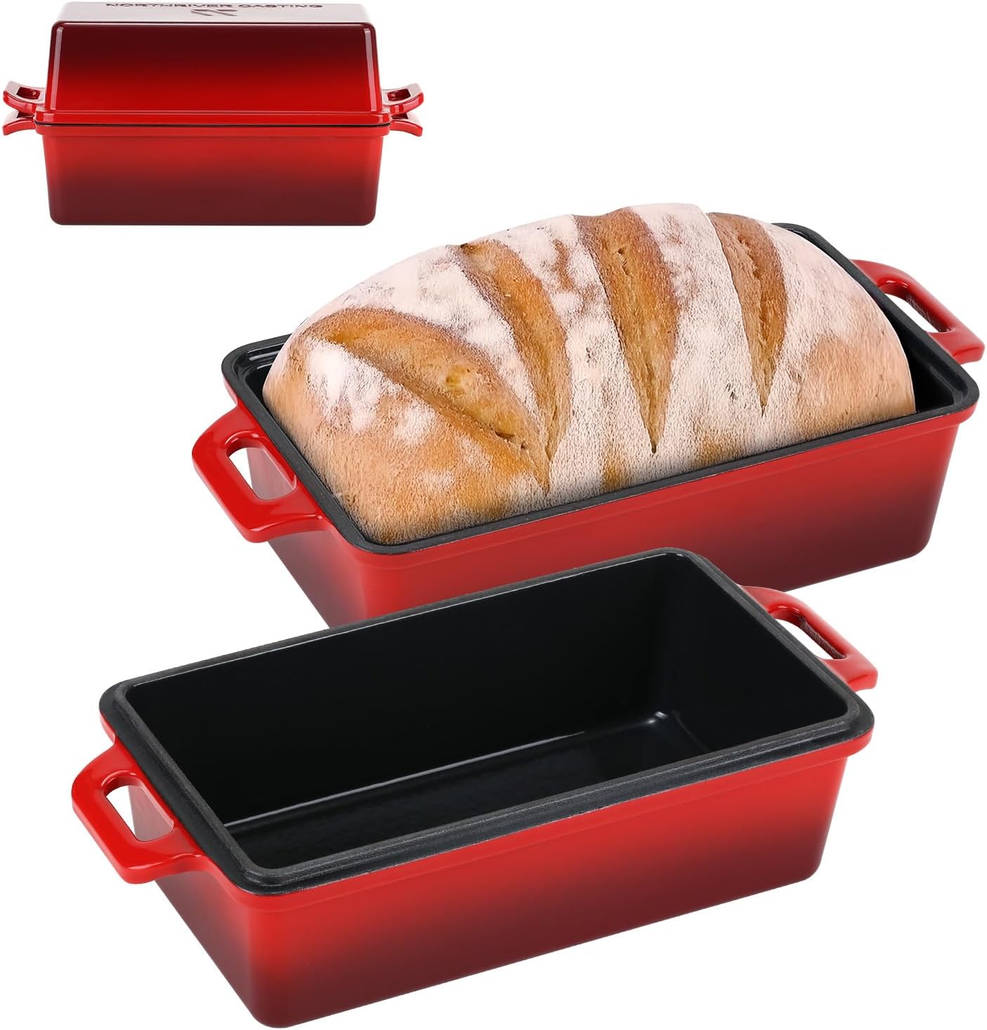 9x5 Inch Enameled Cast Iron Loaf Pan with Lid, Perfect Bread Baking Pan | Even Heat Distribution for Homemade Bread, Cake, Meatloaf，2 Piece set，Red