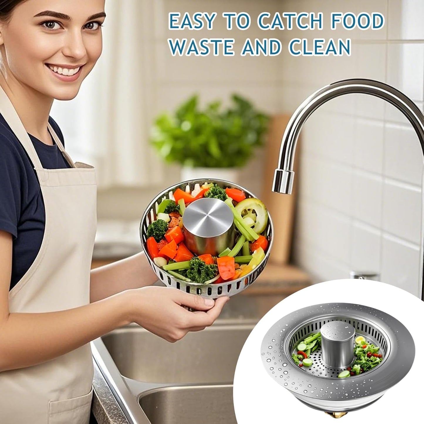 3-in-1 Kitchen Sink Drain Strainer & Stopper, Stainless Steel Food Catcher Plug with Filter Basket, Fits 3-1/2 Inch Drain Hole, Universal Sink Protector Cover, Anti-Clogging, Silver (1, Sus304)