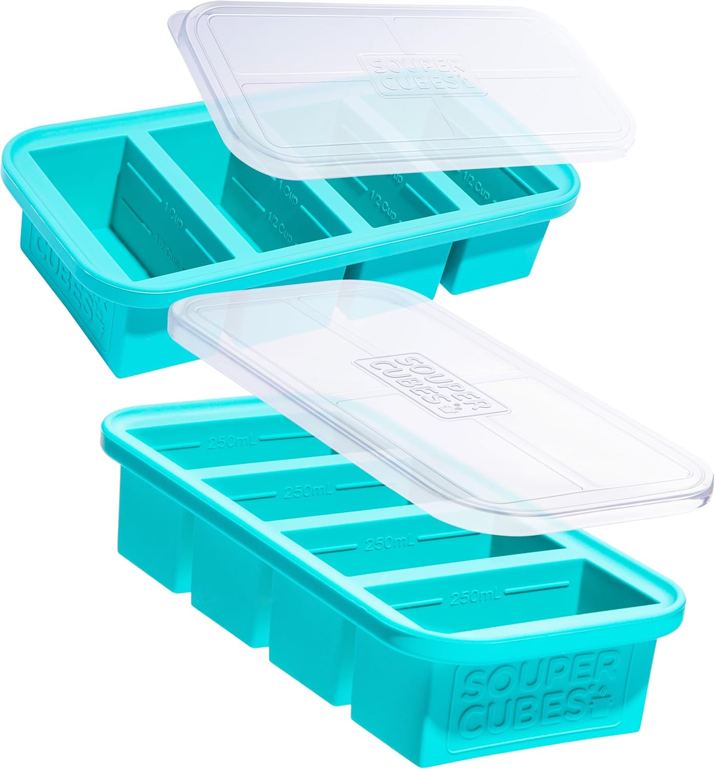 Souper Cubes 1 Cup Silicone Freezer Molds - Soup Cubes Perfect for Freezing Broth, Rice, Leftovers and More - Silicone Freezer Trays with Lids for Meal Prep - Aqua - 2-Pack