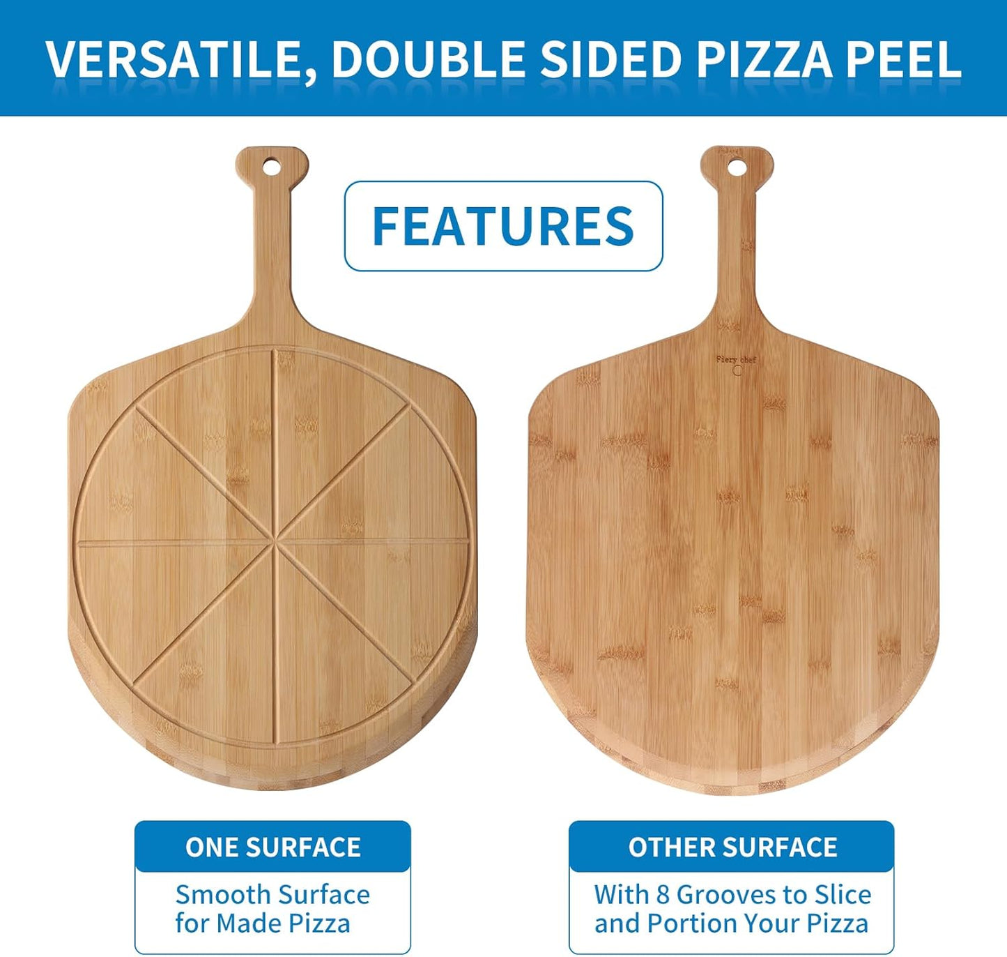 16' Bamboo Pizza Peel - Lightweight Smooth Wooden Paddle and Pizza Cutting Board with 8 Slice Grooves, Outdoor Oven Accessories, 23.6 x 16 Inch