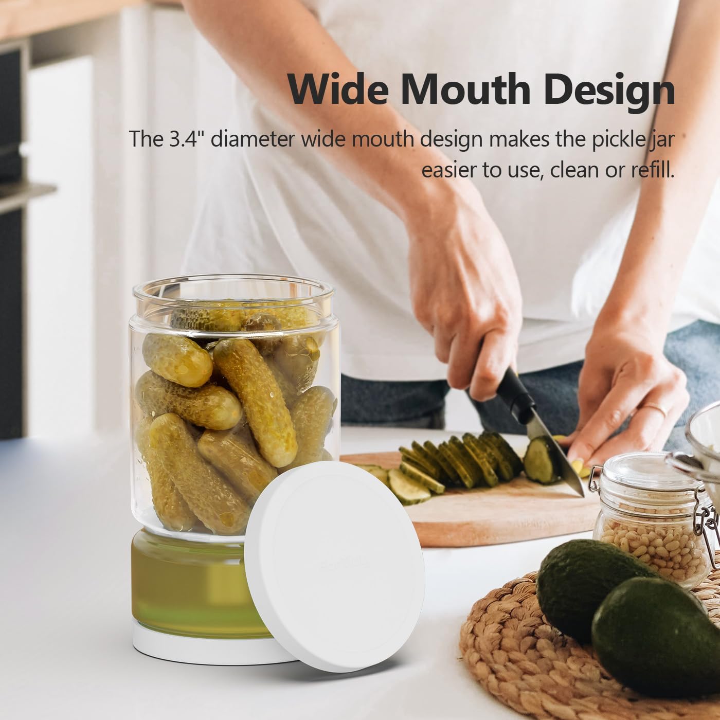 Glass Pickle Container with Strainer for Pickle Lover - 45OZ Leakproof Juice Separator Jar for Gherkin, Olive or Chilli, Dishwasher and Refrigerator Safe, BPA Free (White, 45 oz*2 pcs)