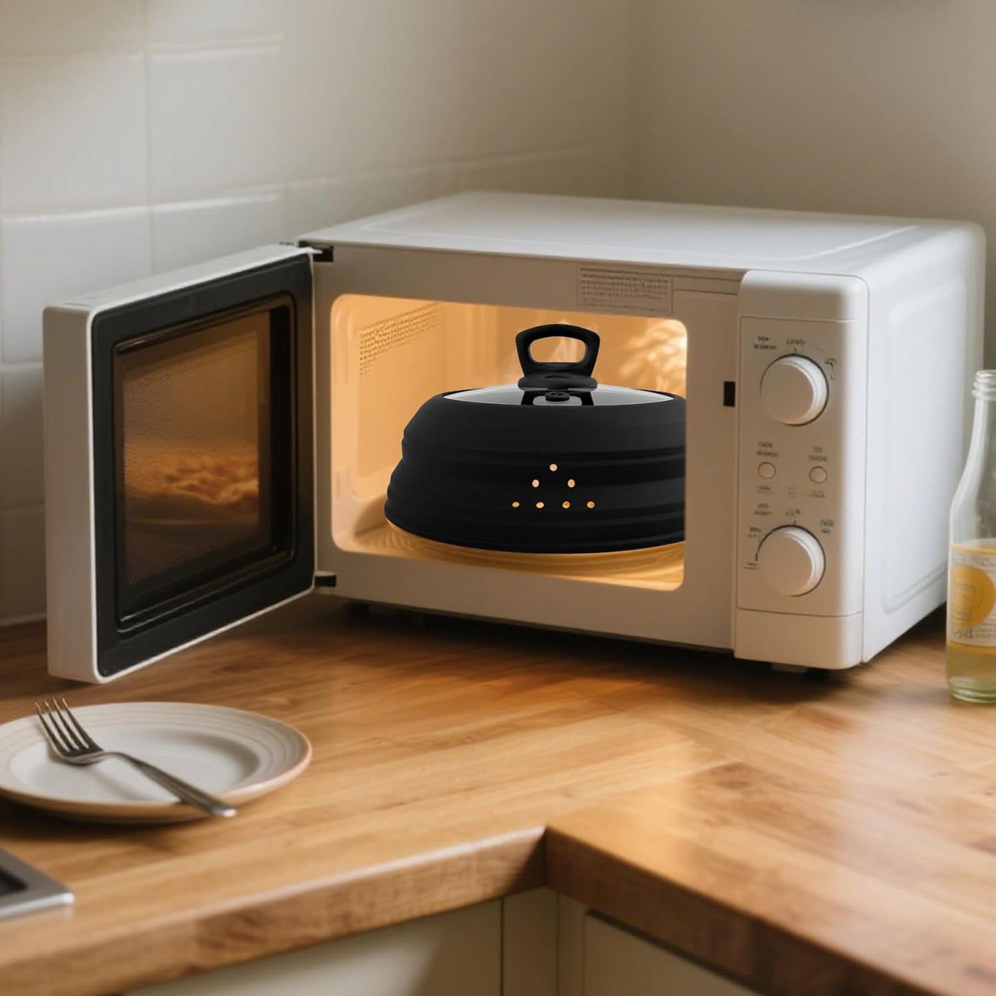 Microwave Splatter Cover Glass 10.5 Inch Microwave Cover for Food with Handle Collapsible Silicone Microwave Cover with Steam Vent for Pot Plate Bowl (Black)