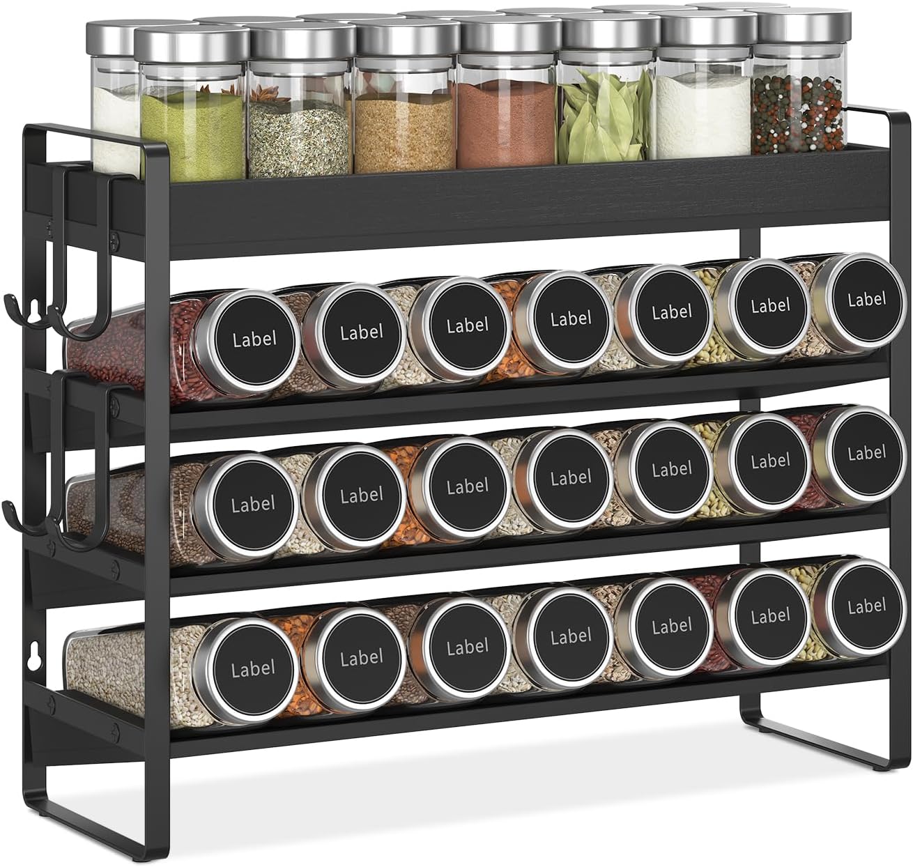 EsLuker.ly Spice Seasoning Rack Organizer Kitchen Countertop, 4 Tier Bamboo Spice Shelf Holder Storage with 4 Hooks, Wall Mounted Freestanding Stand for Pantry, Black (Jars Not Included)