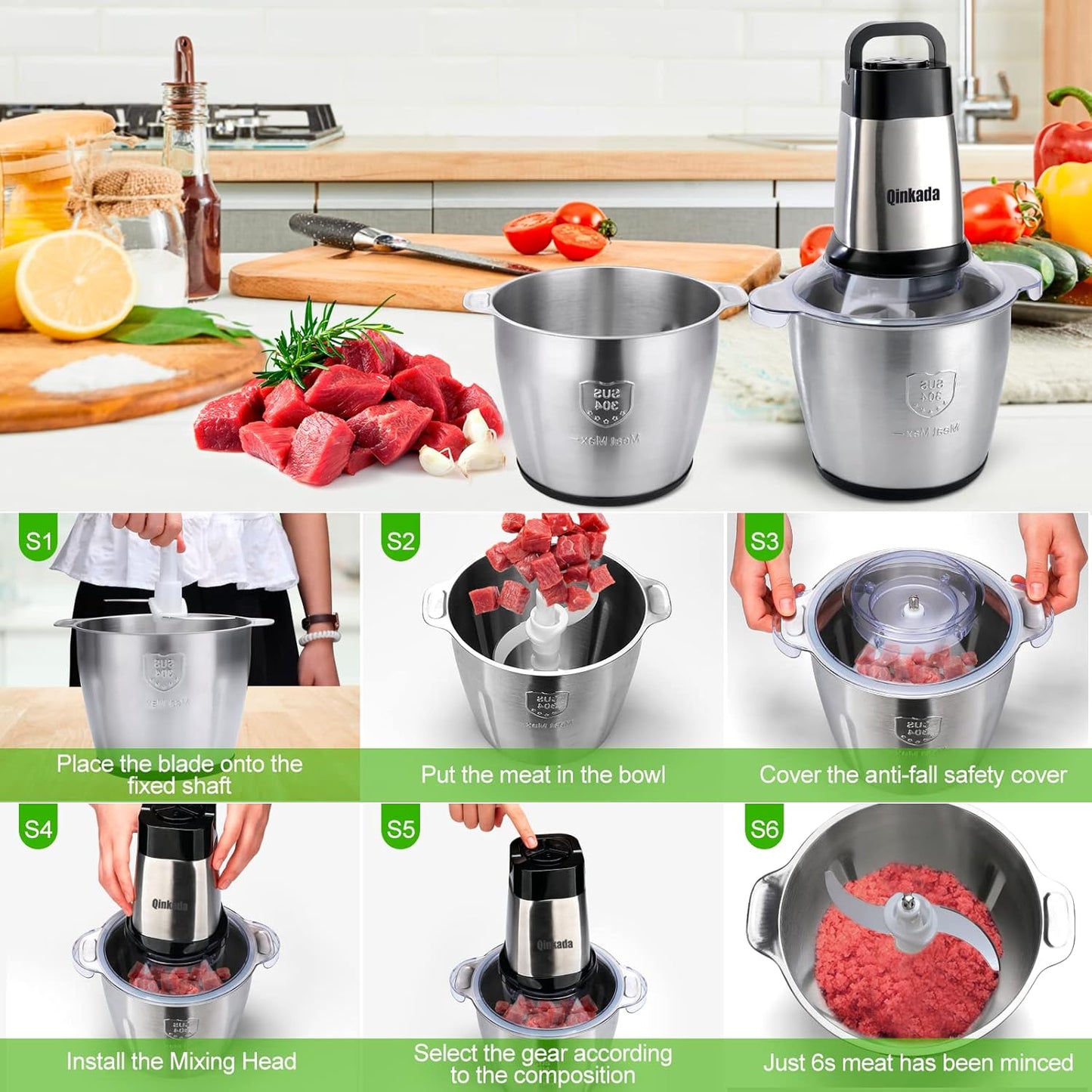 Food Processor, 2 Stainless Steel Bowls, 14Cup, 500W Powerful Electric Meat Grinder, 3 Speed Modes 4 Bi-Level Blades for Onion, Meat, Nuts, Fruit, Garlic, Vegetable, Baby Food