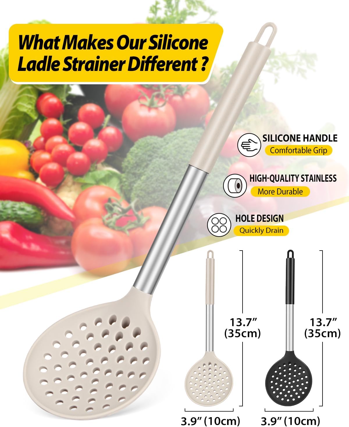 Kitchen Ladle Strainer Set of 2 Large Slotted Spoon with High Heat Resistant BPA Free Non Stick Cooking Skimmers For Draining and Frying (Black-Khaki)