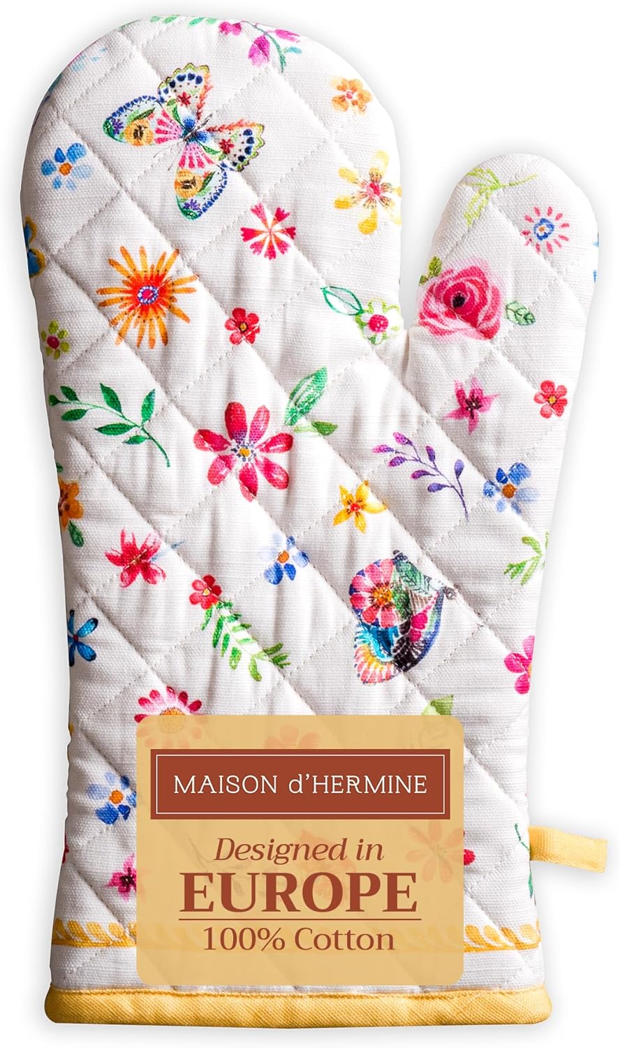 Maison d' Hermine Oven Gloves 100% Cotton Oven Mitt 7" x 13" with Loop Heat Resistant, BBQ, Cooking Gloves, Grilling, Kitchen, Handling Hot Pans Spring/Summer (Pack of 1, Happy Florals - Sweety)