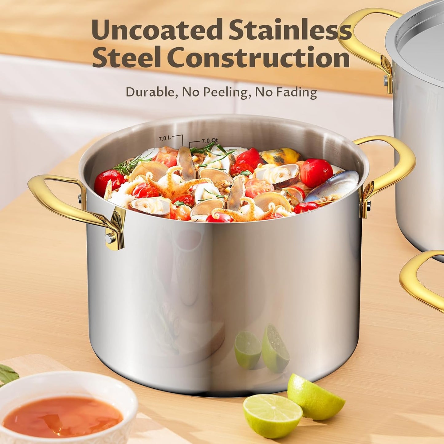 BEZIA 8 Quart Stainless Steel Stockpot with Lid, Induction Compatible Cooking Pots, Triple-Layer Bottom for Even Heat, Pasta & Soup Pot for Cooking, Boiling, Stewing, Dishwasher Safe