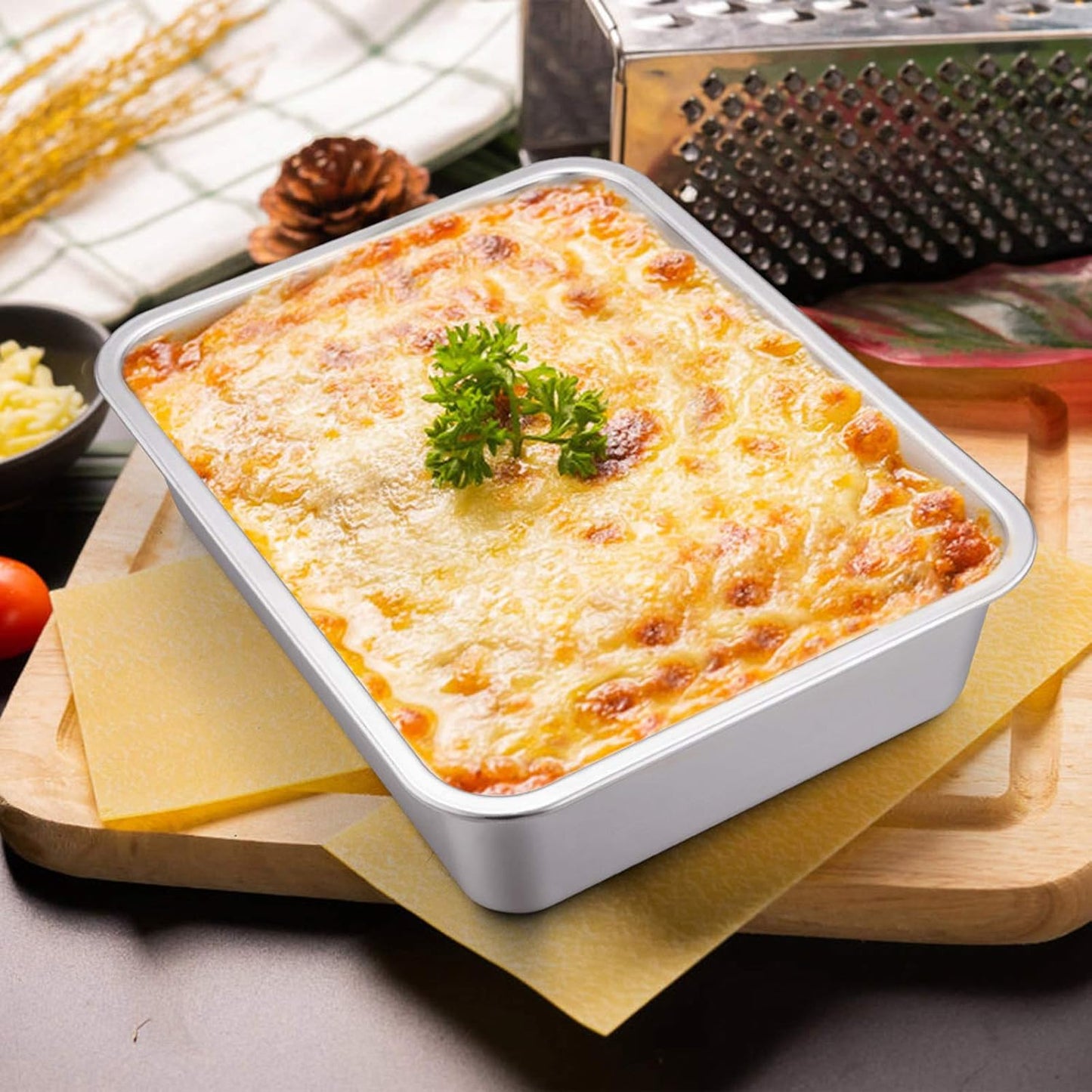 Lasagna Pan Set of 2, E-far Rectangular Deep Cake Baking Pans, Small Roaster Baking Dish Stainless Steel, 10.6x8.3x3.2 Inches, Non-Toxic & Heavy Duty, Dishwasher Safe