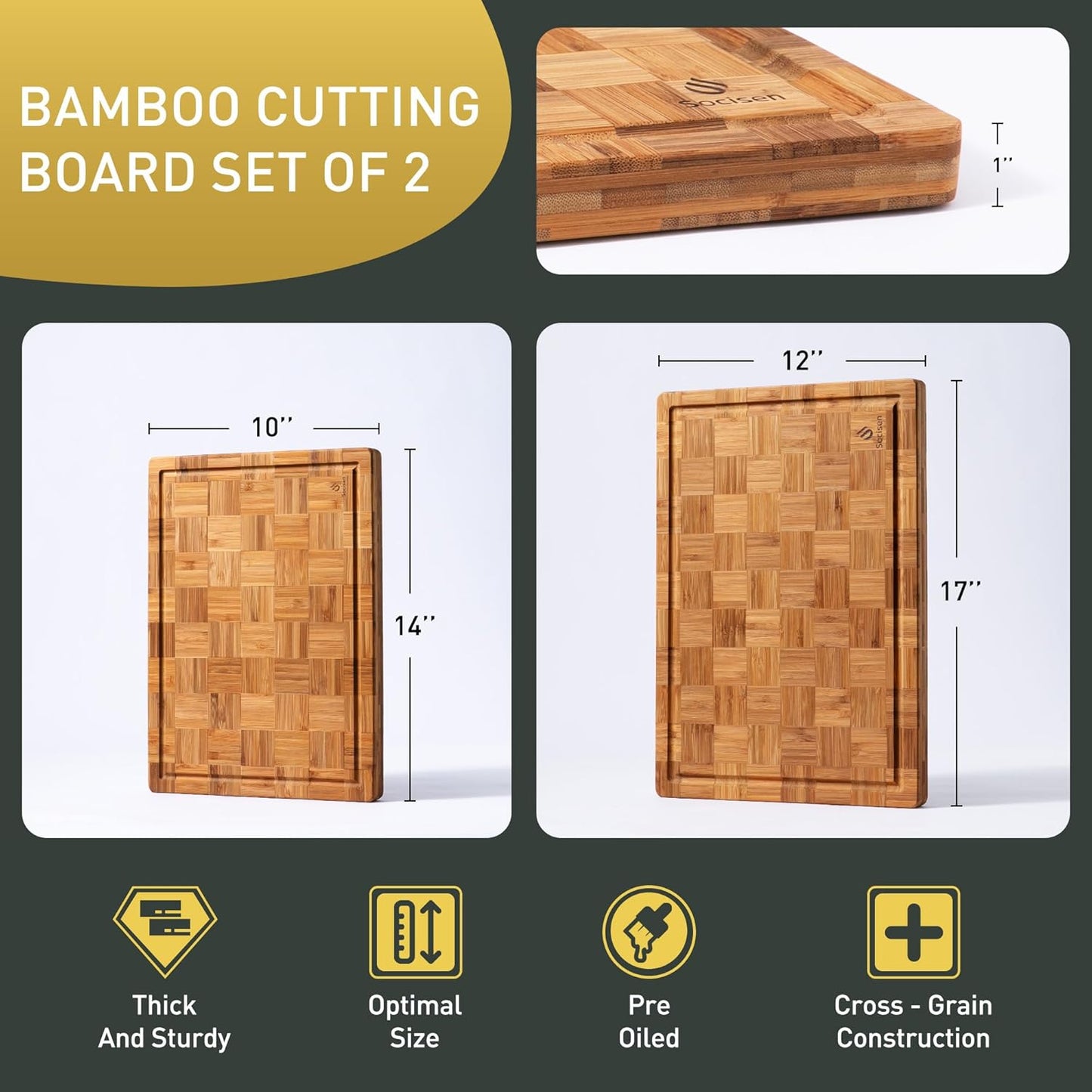 2 Pack Heavy Duty Bamboo Cutting Board Set Non Slip Over Sink Solid End Grain Thick Wood Chopping Board Extra Large Big Small Best Organic Hardwood Wooden Kitchen Essential New Home Housewarming Gift