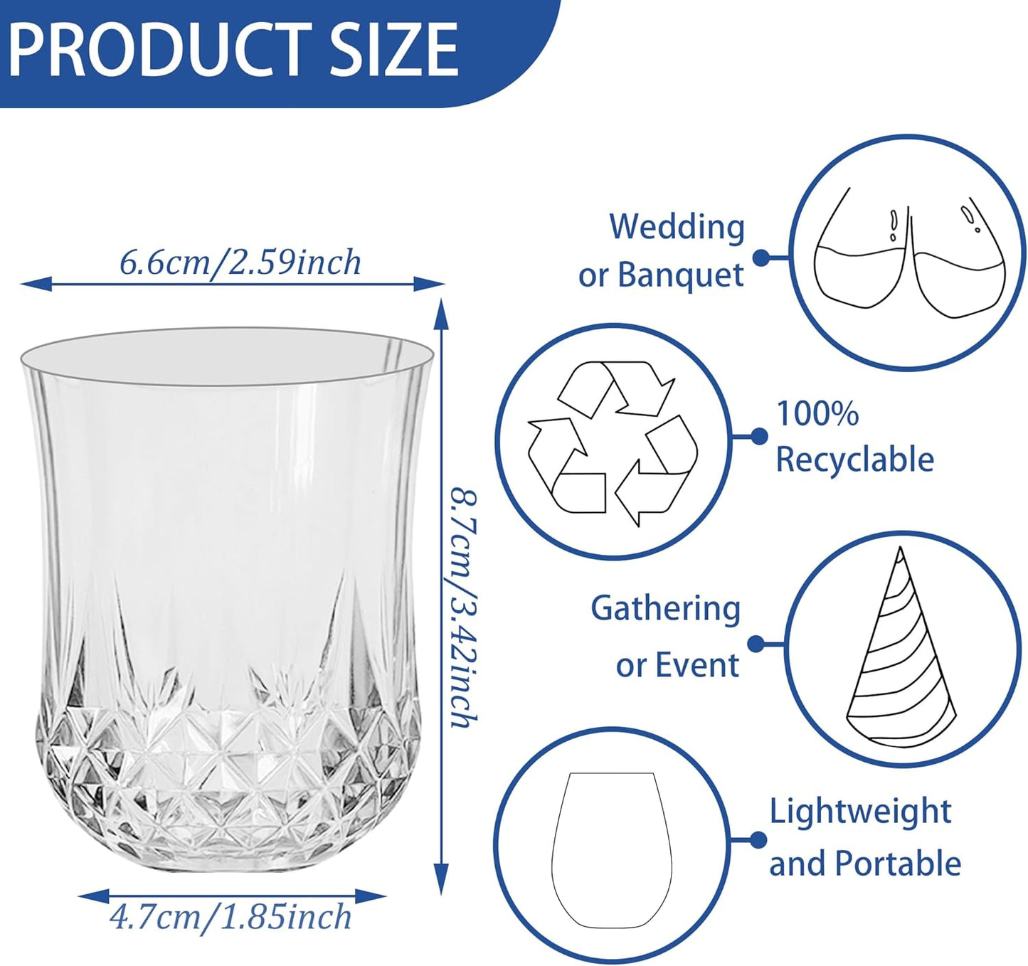 12 PCS Transparent Stemless Wine Glasses，Plastic Reusable Cups 9OZ Vintage Drinking Glasses Tumblers for Whisky, Beer, Juice, Beverages, Cocktai