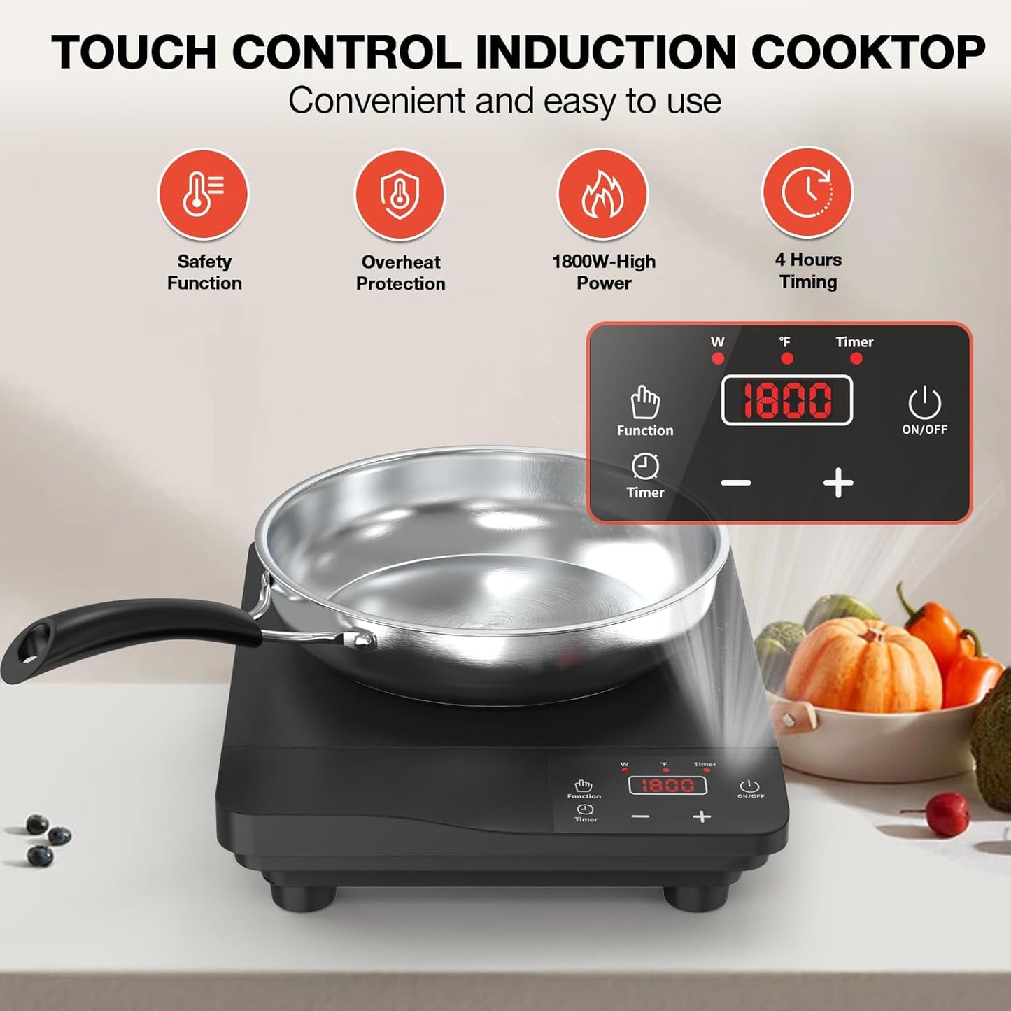 Induction Cooktop,1800W Portable Induction Burner & 10 Inch Fry Pan,110V-120V Hot Plate for Home, Electric Cooktop with 8 Power & 8 Temperature Levels,Timer
