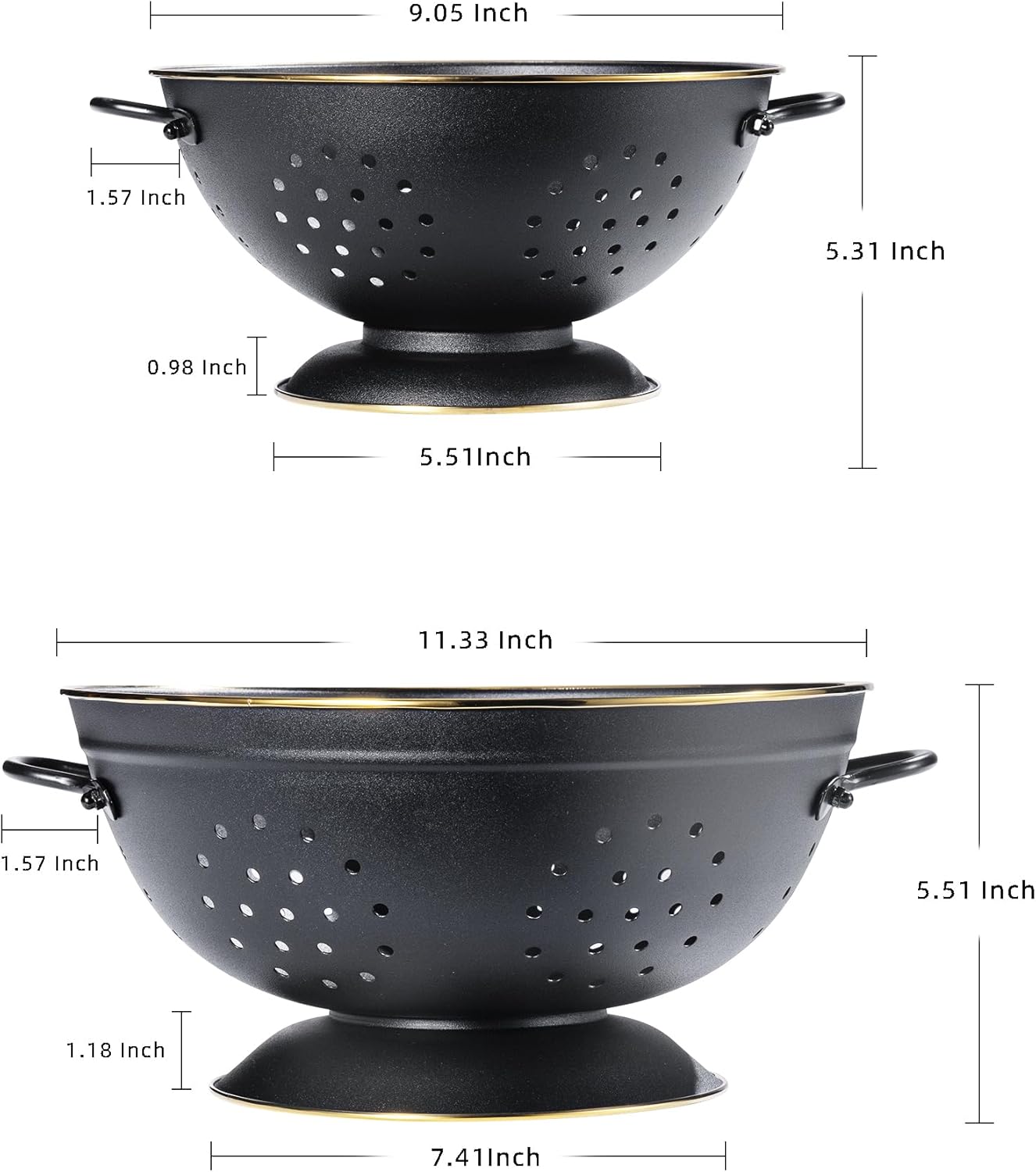 Metal Colander Set of 2, Strainer Basket with Handles perfect for Spaghetti, Pasta, Berry, Vegetable, Fruit, Solid Base Powder Coated Self-draining Kitchen Colander Bowel, 3.5 & 5 Qt, Matte Black