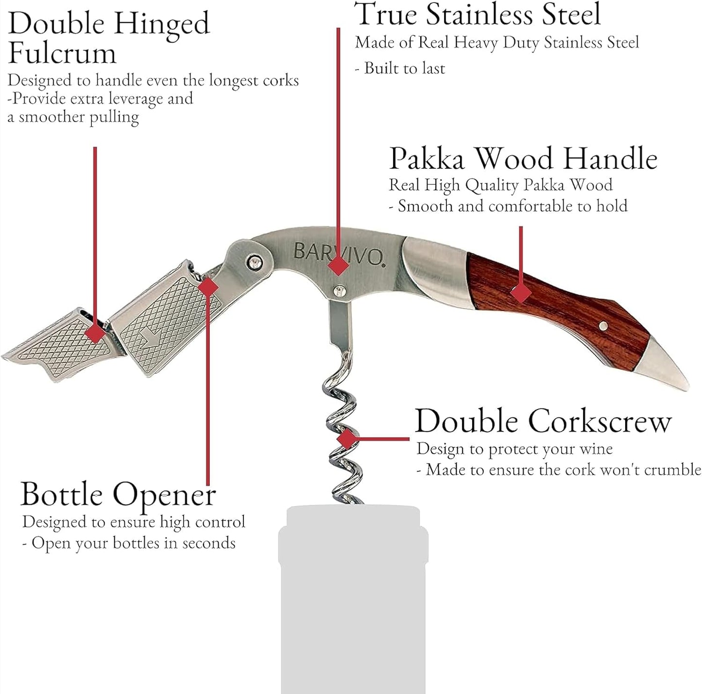 Barvivo Wine Opener with Foil Cutter and Cap Remover - Double Hinged Corkscrew for Bartenders - Stainless Steel Wine Key for Easy Bottle Opening - Manual Wine Bottle Opener - Pakkawood, 4.7x1.2-Inch