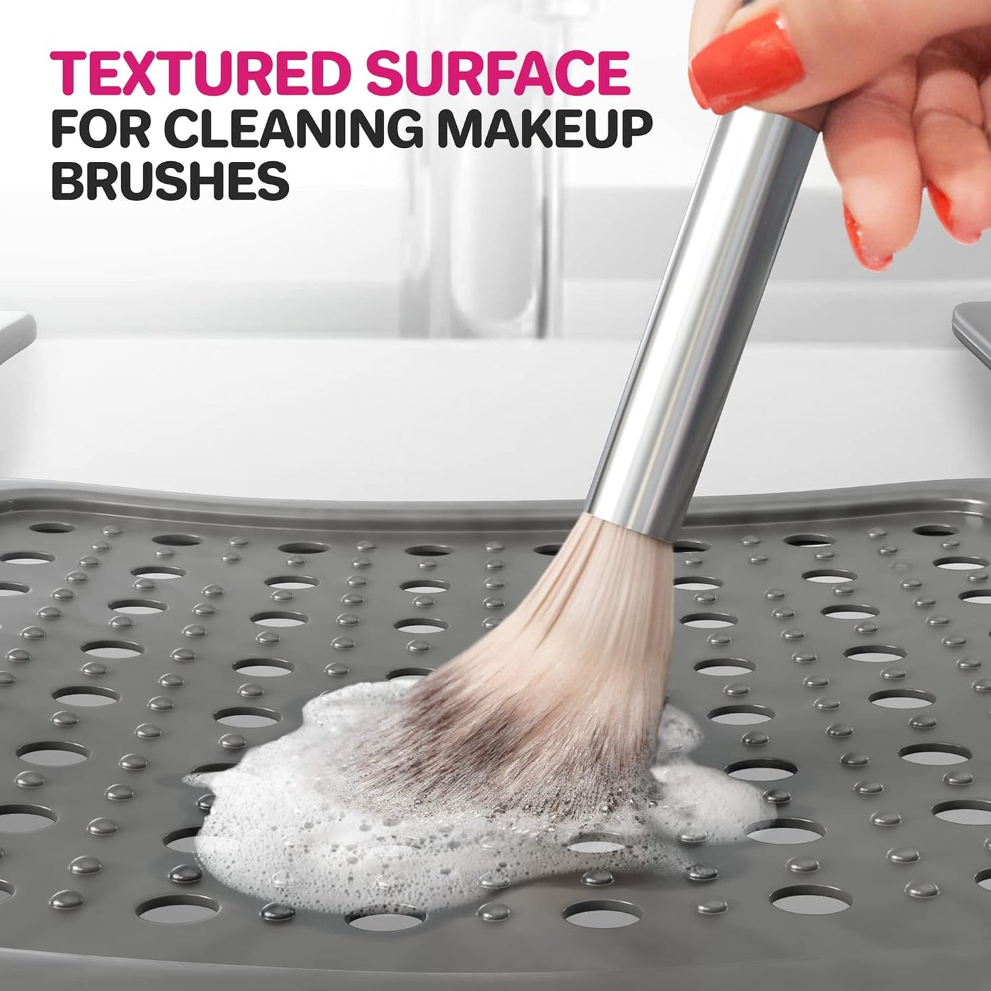 Sink Topper Bathroom Counter Cover & Storage Saver, Foldable Silicone Mat for Hot Tools, Hair Styling & Makeup, Beauty Brush Cleaning Mat, RV Camper Sink Cover & for Small Spaces (Large Silver)