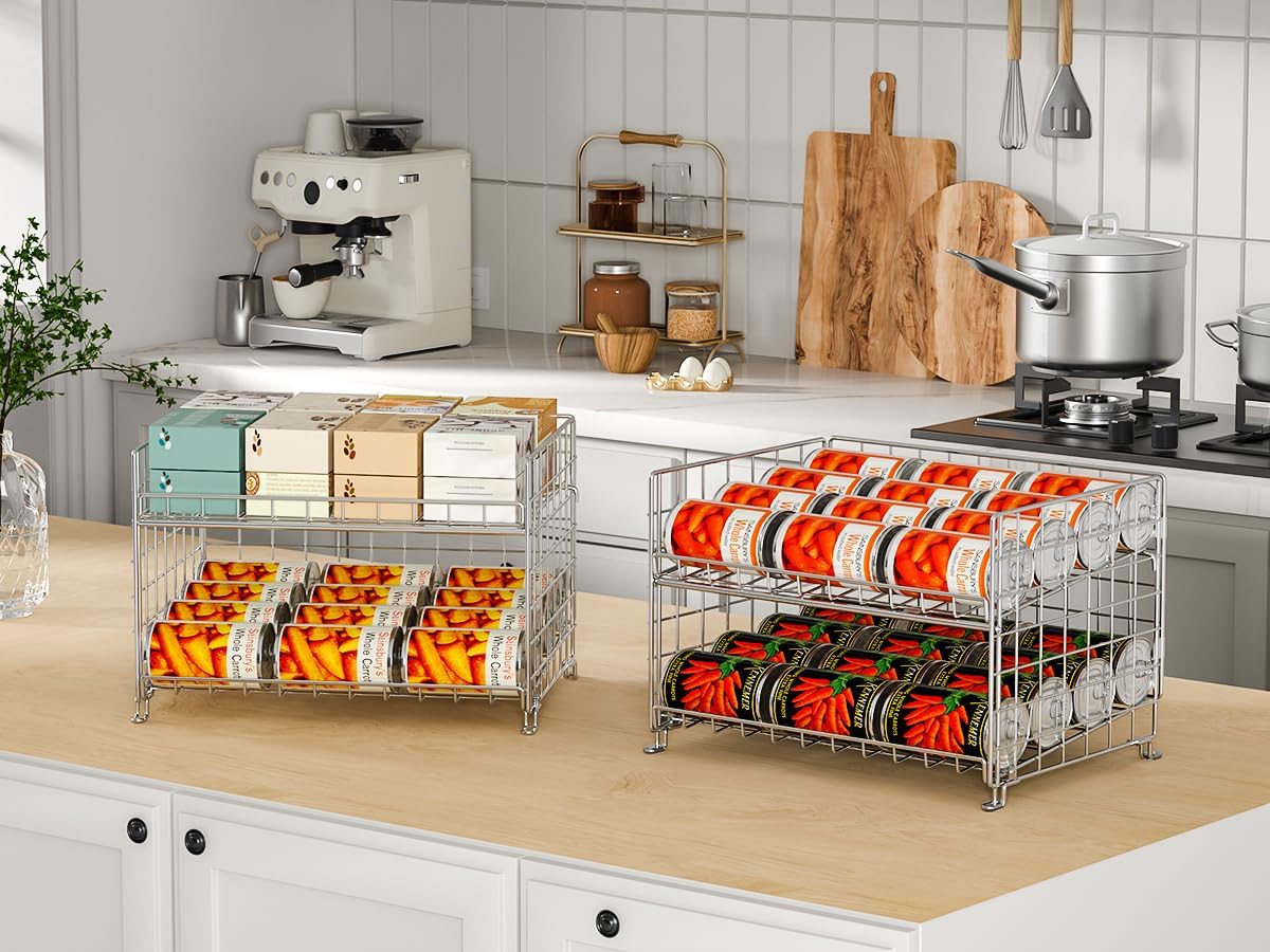 2-Pack Stackable Can Rack Organizer, Can Storage for Kitchen Pantry Cabinet, Can Holders for Food, Multifunctional Can Dispenser for Snacks Soda, Silver