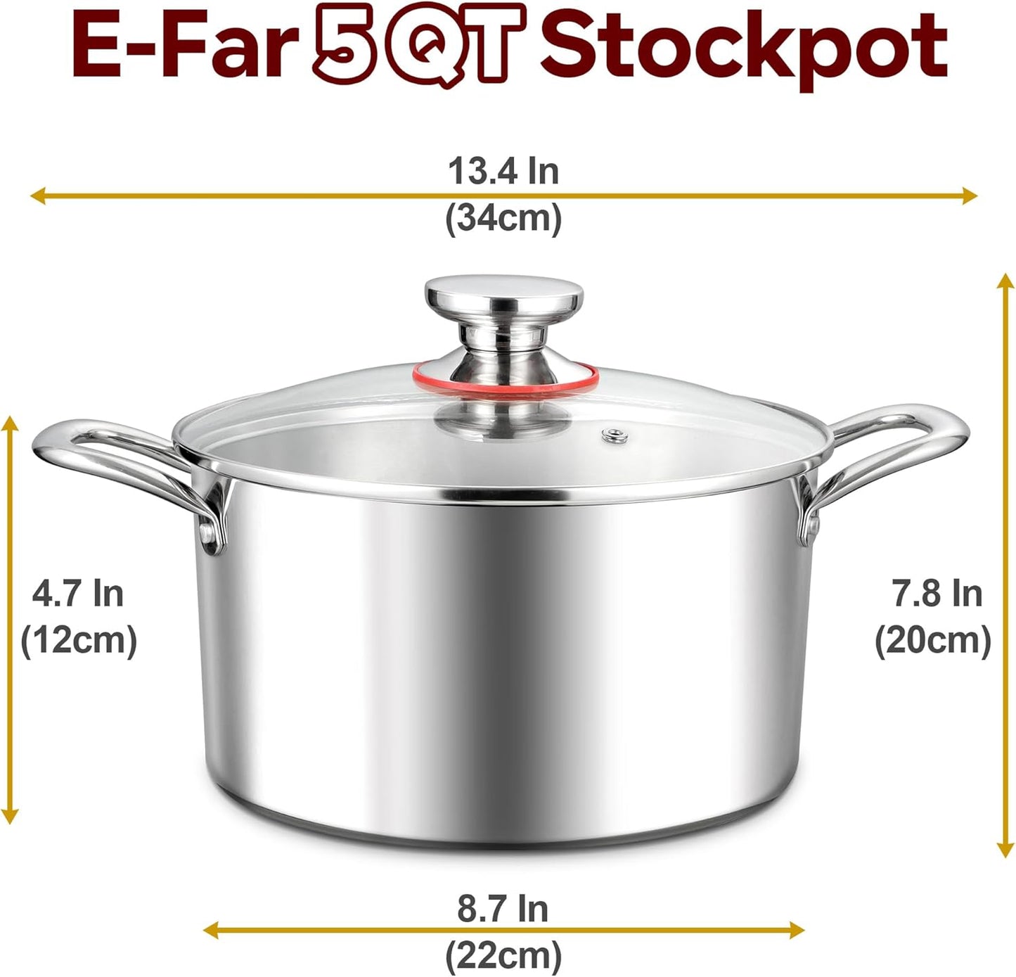 E-far 5 Quart Stock Pot with Lid, 18/10 Tri-ply Stainless Steel Stockpot for Induction Ceramic Gas Stoves, Heavy Duty Cooking Pot for Pasta Soup Stewing Simmering, Oven and Dishwasher Safe