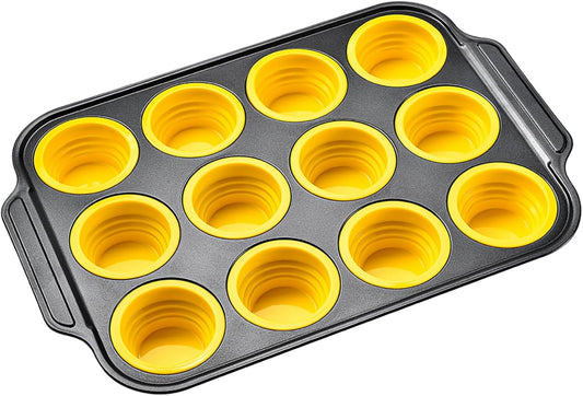 12 Cups Silicone Muffin Pans for Baking with Metal Frame, Egg Bite Molds, Cupcake Pans Regular Size, Muffin Tins Easy to Pop Nonstick Non Toxic Bakeware for Oven Dishwasher Safe
