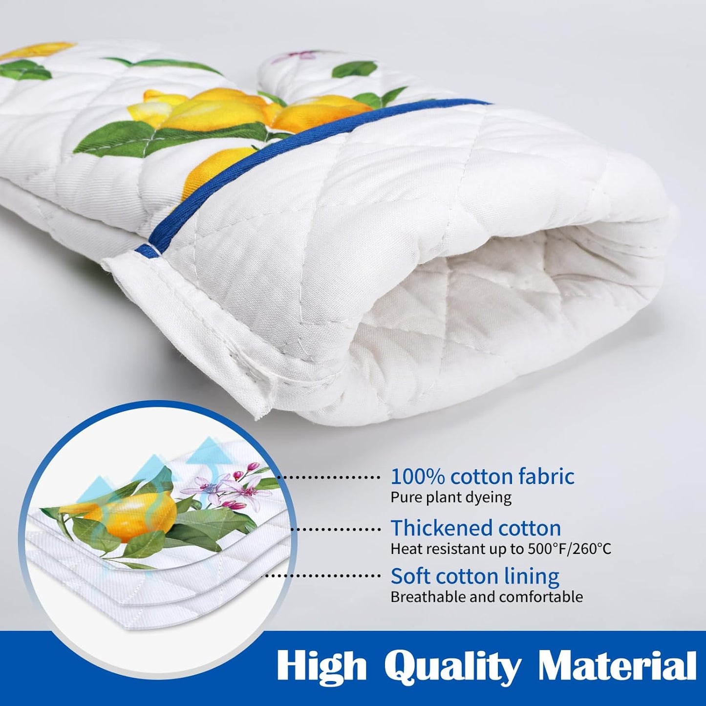 Summer Lemon Oven Mitts and Pot Holders Sets 2Pcs, 100% Cotton Heat Resistant, Extra Long Oven Gloves Potholder for Kitchen Cooking Baking Decoration