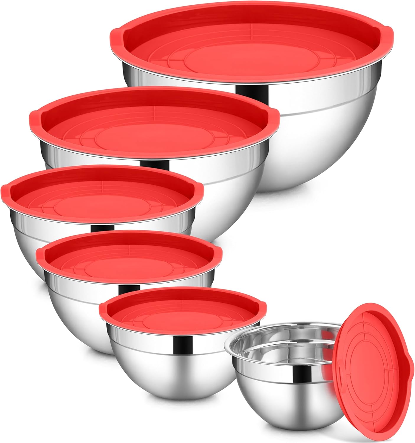 LIANYU 6 Pack Stainless Steel Mixing Bowls with Airtight Lids, Large Metal Nesting Salad Bowls, Ideal for Kitchen Prepping, Baking, Freezer Storage, Size 7, 3.5, 2.5, 2, 1.5, 1QT, Dishwasher Safe, Red