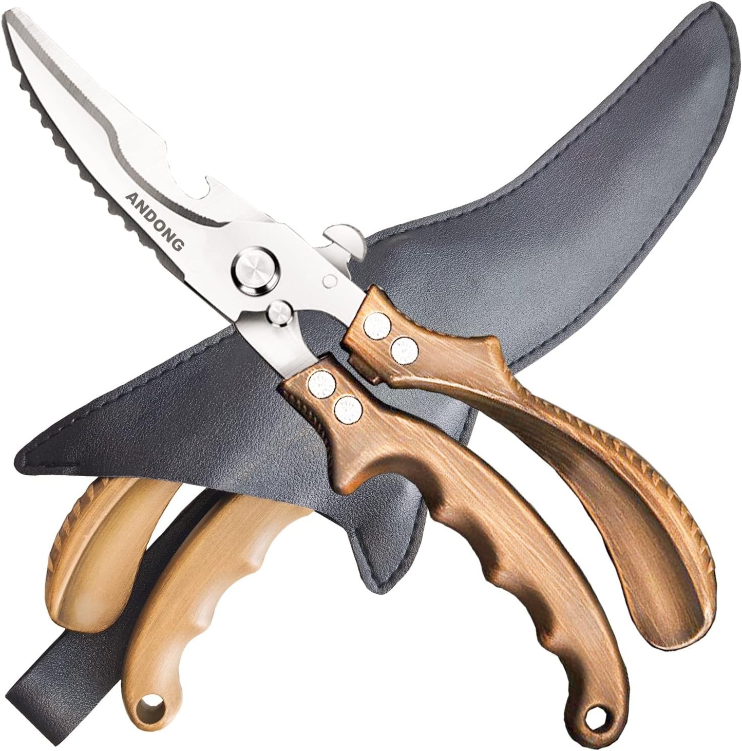 ANDONG Kitchen Shears - Heavy Duty Stainless Steel Poultry, Meat & Bone Scissors with Black Leather Sheath for Food