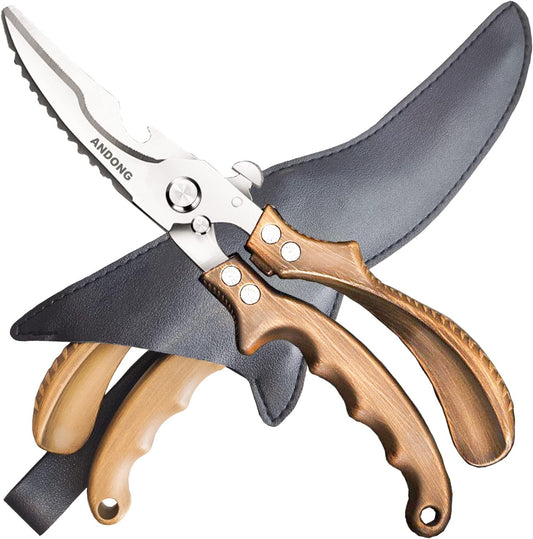 ANDONG Kitchen Shears - Heavy Duty Stainless Steel Poultry, Meat & Bone Scissors with Black Leather Sheath for Food