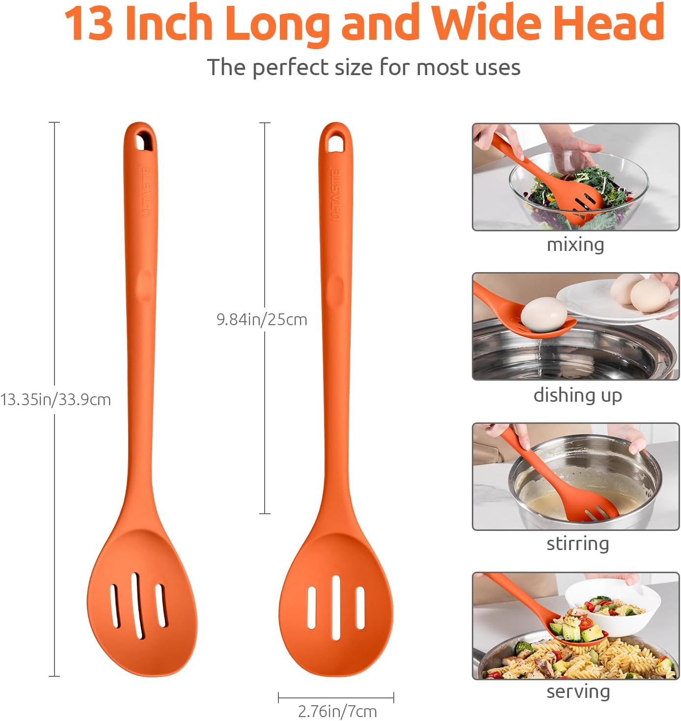 600ºF Heat Resistant Slotted Spoon: U-Taste 13.3in Solid Kitchen Cooking Spoon, Nonstick Food Grade Large & Long Rubber Utensil for Mixing, Serving, Stirring, Basting, Frying, Draining (Orange)