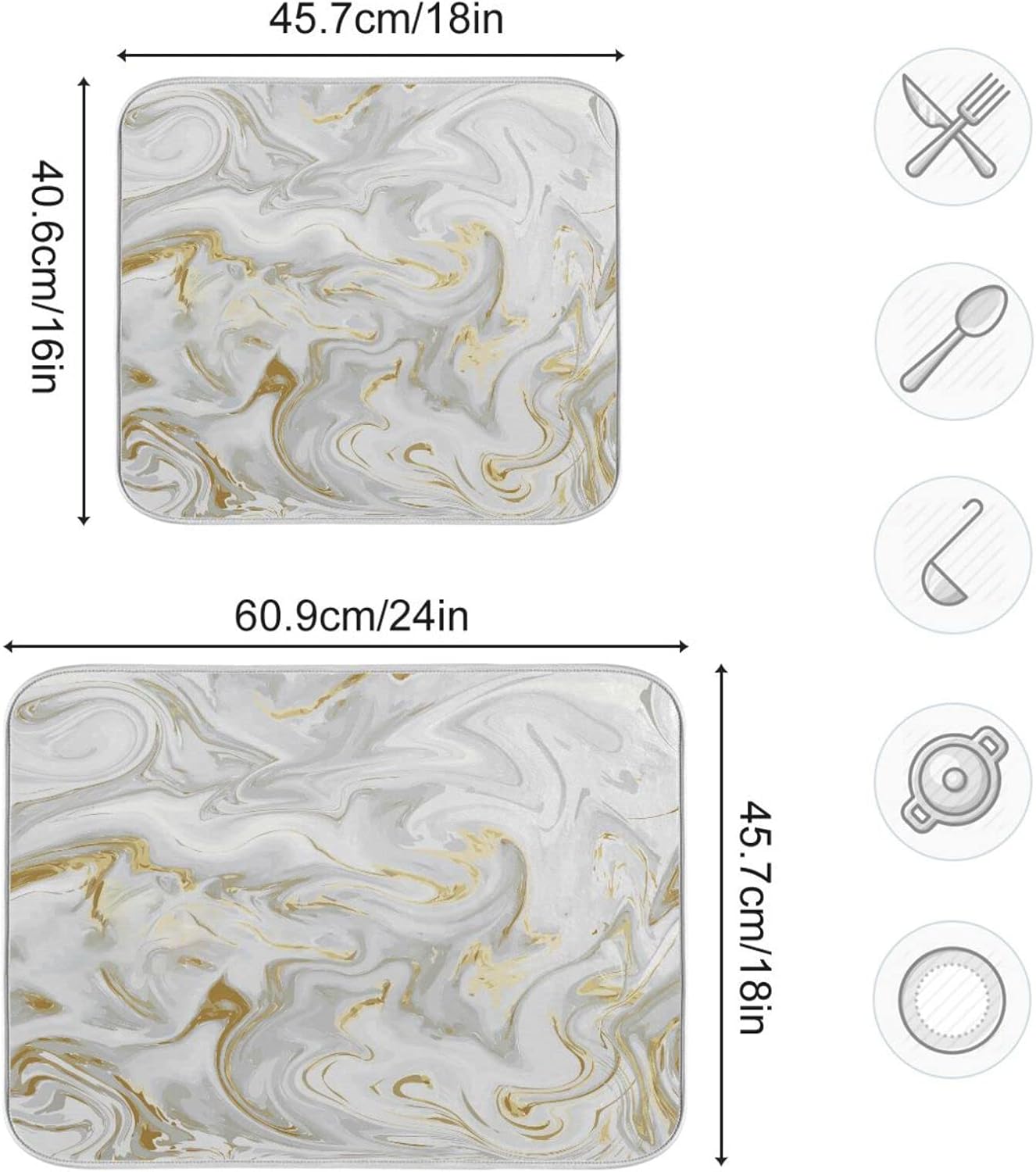 White Grey Gold Marble Fluid Dish Drying Mat for Kitchen Counter Absorbent Microfiber Drying Pad, Large 18x24 in, Reversible Drainer Mats