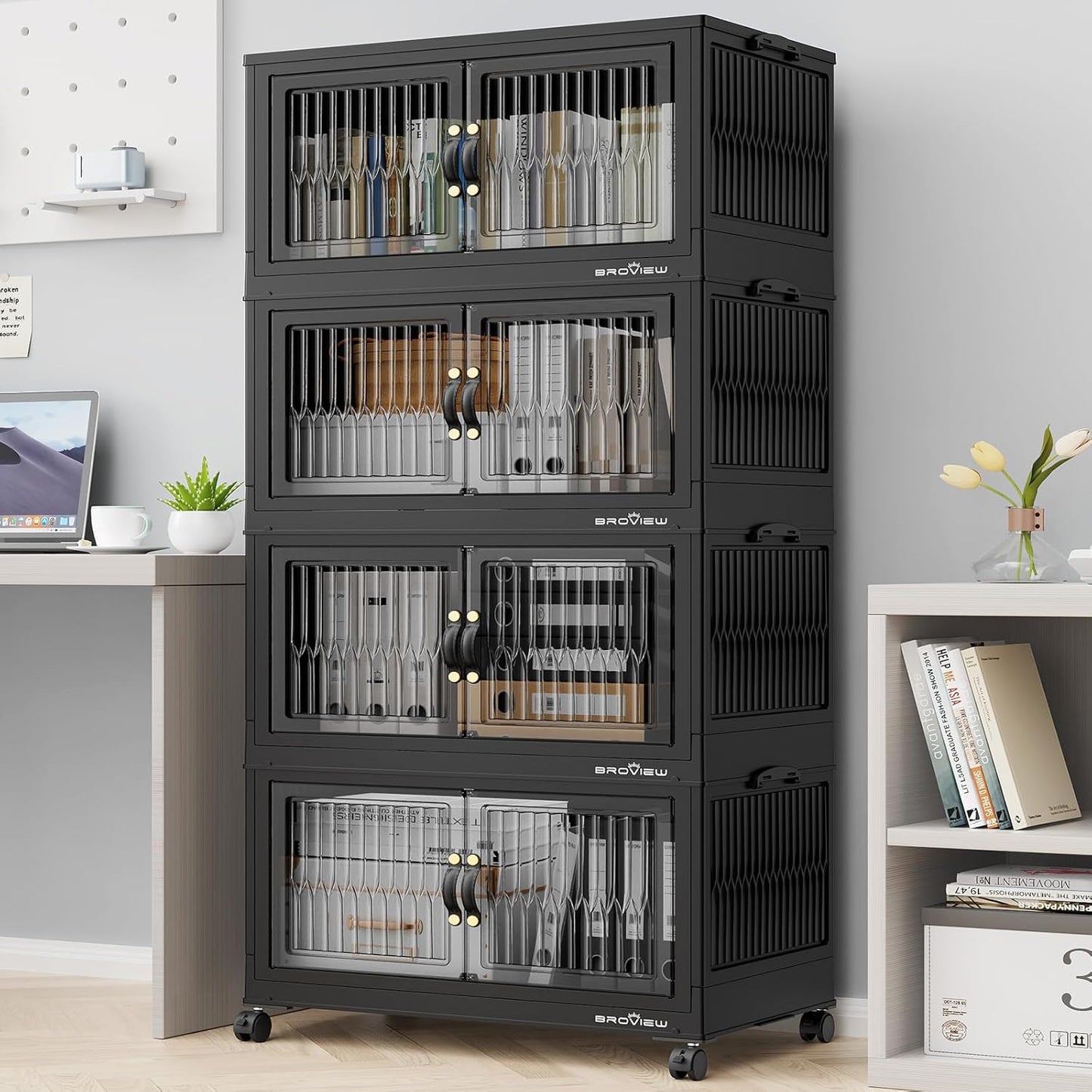 240Qt Stackable Storage Bins with Lid, Extra Large Closet Organizer Collapsible Drawer Boxes with Wheels, Folding Plastic Cabinet Containers for Home Kitchen Room Organization, 4Pack Black