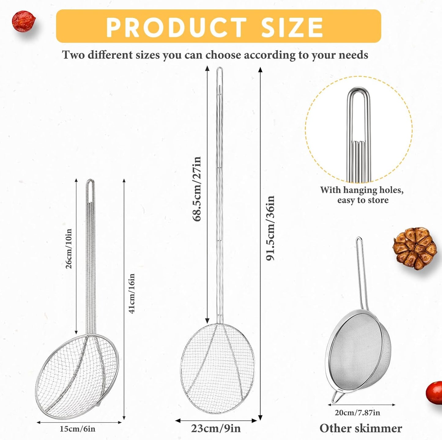 Baderke 2 Pcs 36 Inch Round Plated Wire Skimmer Stainless Steel Food Strainer Spoon Mesh Stirring Fryer Skimmer with Long Handle for Kitchen Fried Food Cooking Straining Frying