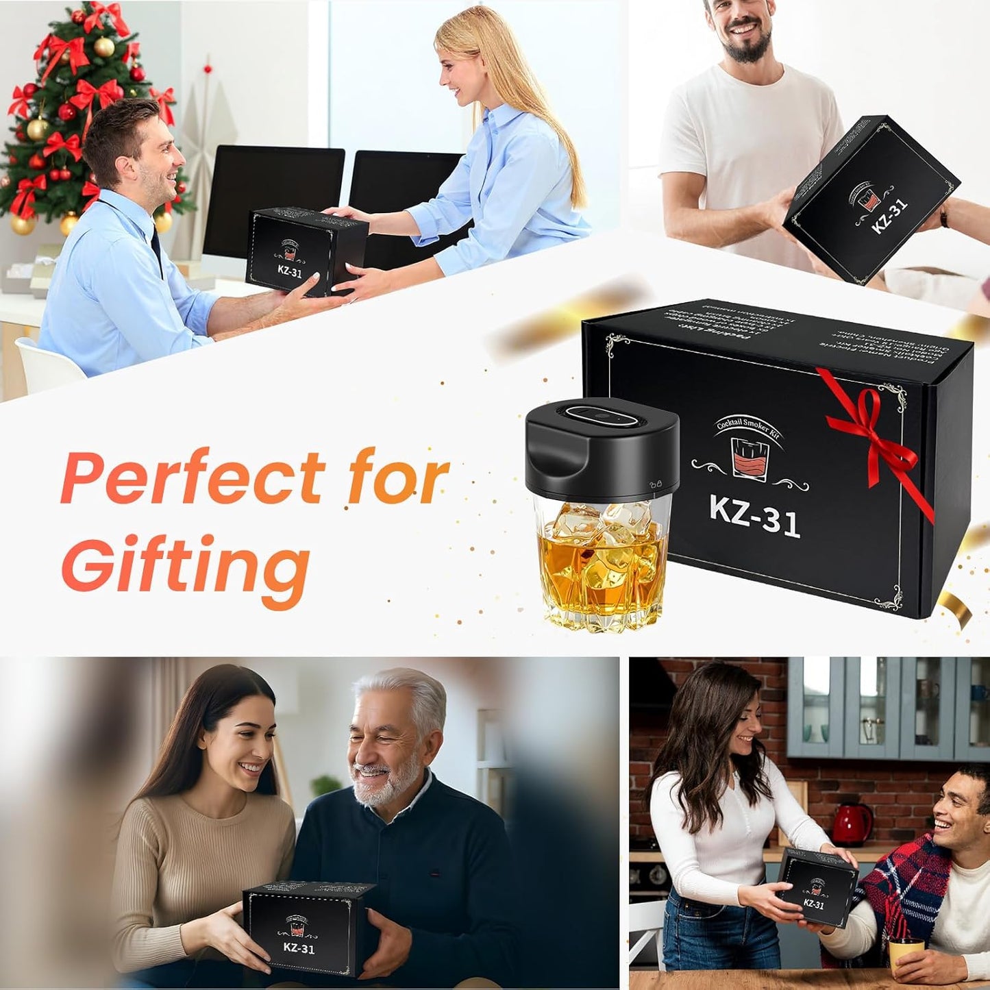 WIFEA Electric Whiskey Smoker Kit, Built-in Lighter, Old Fashioned Drink Smoker Kit with 6 Wood Chips, Rechargeable Cocktail Machine, No Butane Needed - Bourbon Whiskey Gifts for Men, Dad, Husband