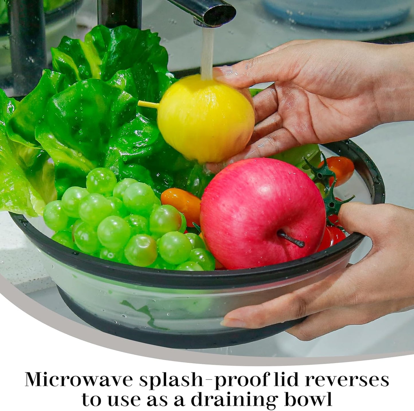 10.7 Inch Microwave Food Cover with Heat Insulation Mat, Anti-Scald Collapsible Microwave Splatter Cover, Multi-Functional as Colander & Fruit Plate, Dishwasher Safe, Ideal for Meal Prep (Black)