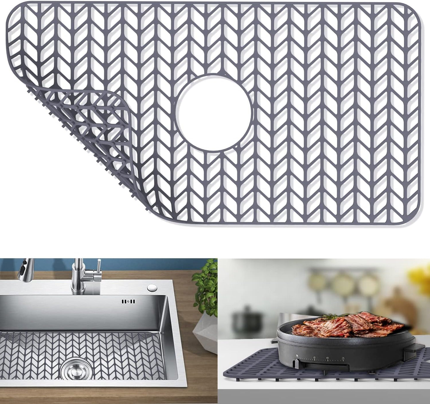 Silicone Protectors for Kitchen Sink, GUUKIN 26''x 14'' Sink Mat Grid for Bottom of Farmhouse Stainless Steel Porcelain with Center Drain (Grey)