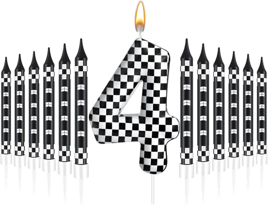 13 Pcs Racing Cars Themed Birthday Candles Black and White Race Number 4 Checkered Candle Cake Topper for Racing Car Party Decoration Supplies (Number 4)