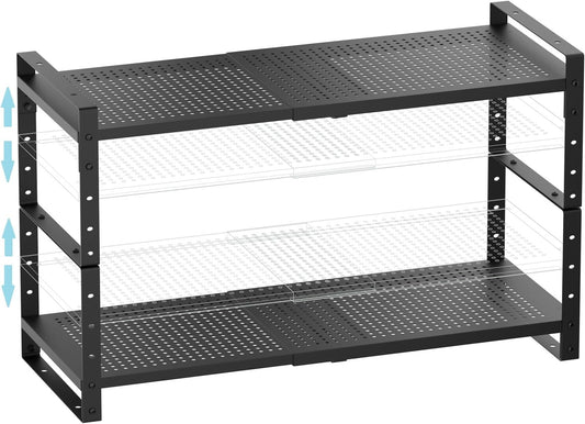Expandable Shoe Rack Stackable Metal Pantry Storage Shelves Stand Adjustable Height Cabinet Shelf Organizer Racks Spice Shelving(2PACKS/BLACK,LARGE)