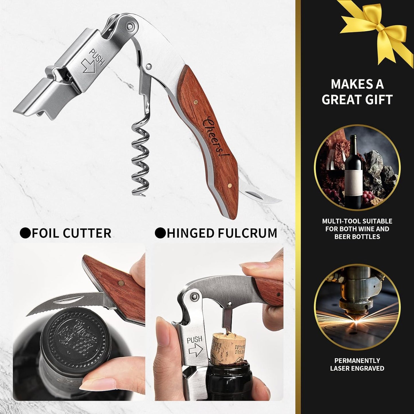 Wine Opener, Wine key, Corkscrew, Personalized Custom Wine Bottle Opener w/Foil Cutter and Cap Remover for Servers, Bartenders, Waiters, Sommelier, Wine lover - Classic Rosewood